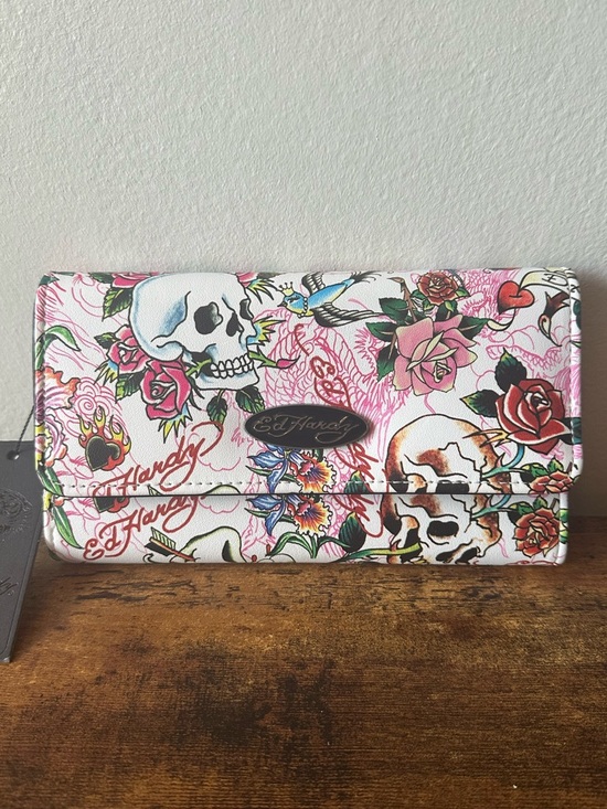 Ed Hardy Handbags - Ed Hardy White & Pink Tattoo-Inspired Skeleton Women’s Long Wallet Fold Out NWT